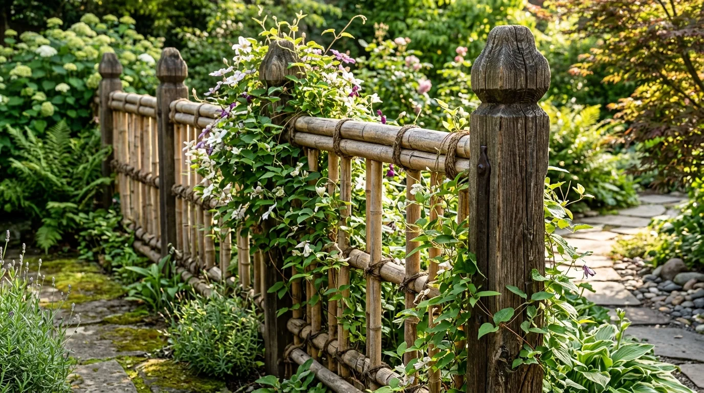 Bamboo Fence With Decorative Wooden Posts